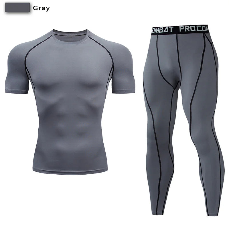 2Pcs Men'S Compression Sportswear Suit GYM Tight Sports Yoga Sets Workout Jogging MMA Fitness Clothing Tracksuit Pants Sporting