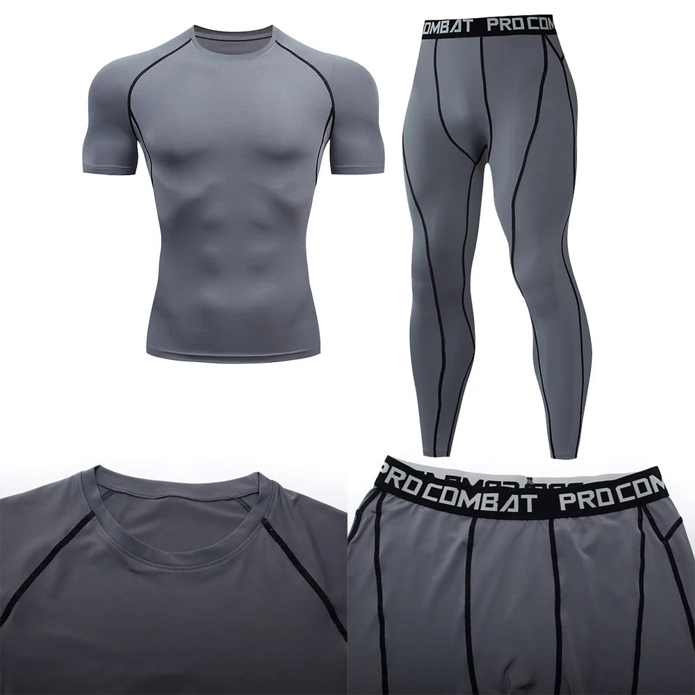 2Pcs Men'S Compression Sportswear Suit GYM Tight Sports Yoga Sets Workout Jogging MMA Fitness Clothing Tracksuit Pants Sporting